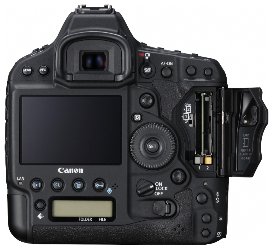 The back of the Canon EOS 1D X Mark 2 professional camera