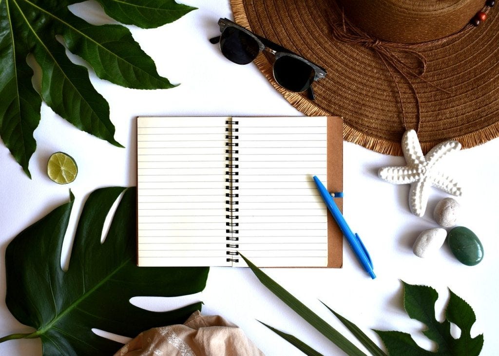 notebook surrounded by sunglasses and hat
