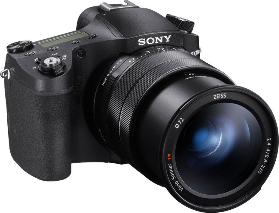 A Sony rx10 mark 4 superzoom camera with lens extended.